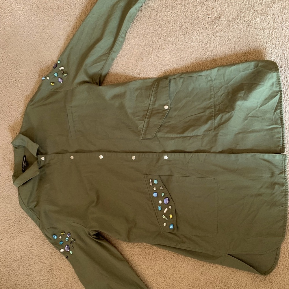 Long olive jacket with embellishments. 36” long. 19” sleeves. Worn once. Large